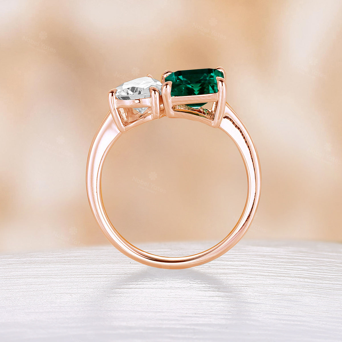 Toi et Moi Engagement ring Double Stone Emerald & Moissanite Promise Rose Gold