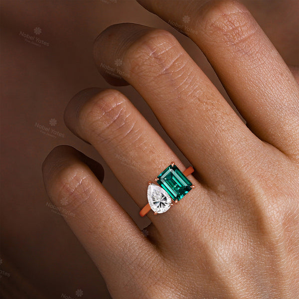 Toi et Moi Engagement ring Double Stone Emerald & Moissanite Promise Rose Gold