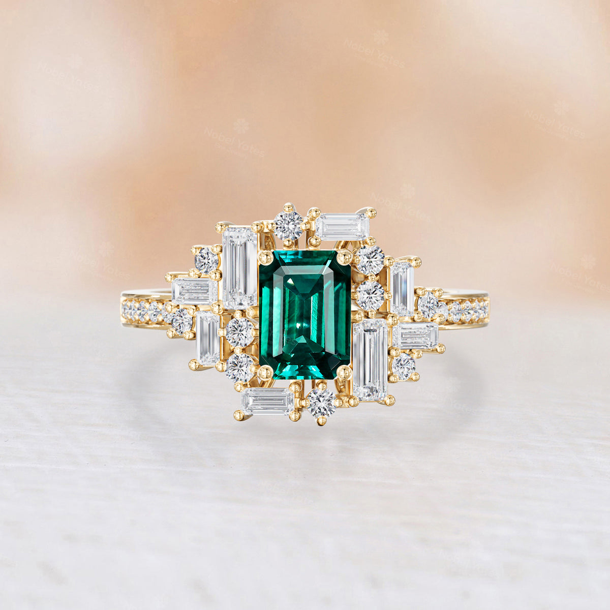 Baguette Art Deco Lab Emerald Engagement Ring Channel Band