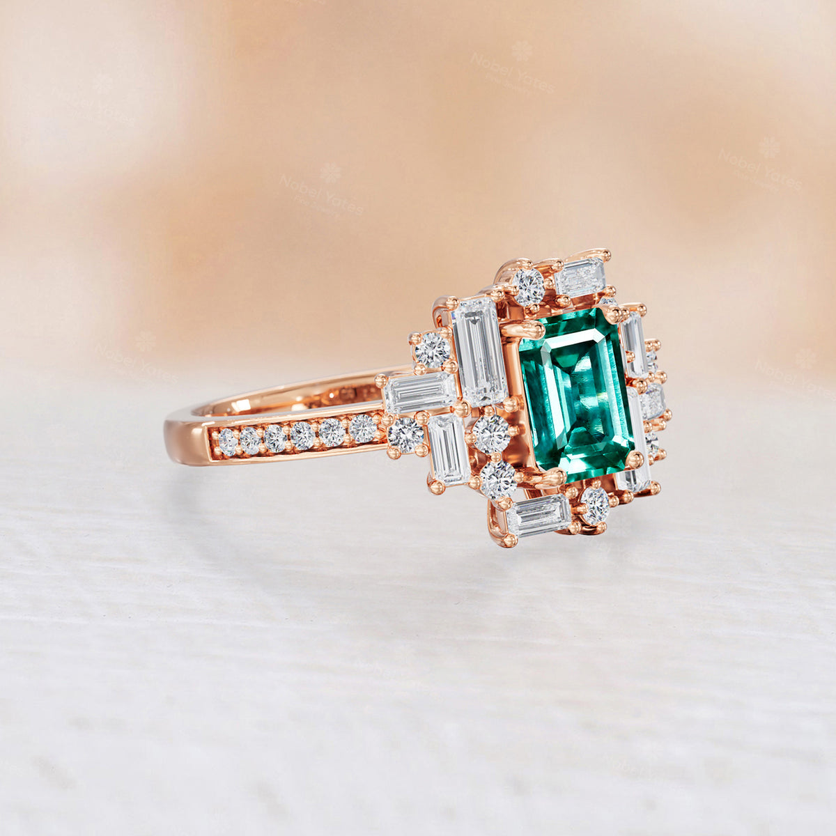 Baguette Art Deco Lab Emerald Engagement Ring Channel Band