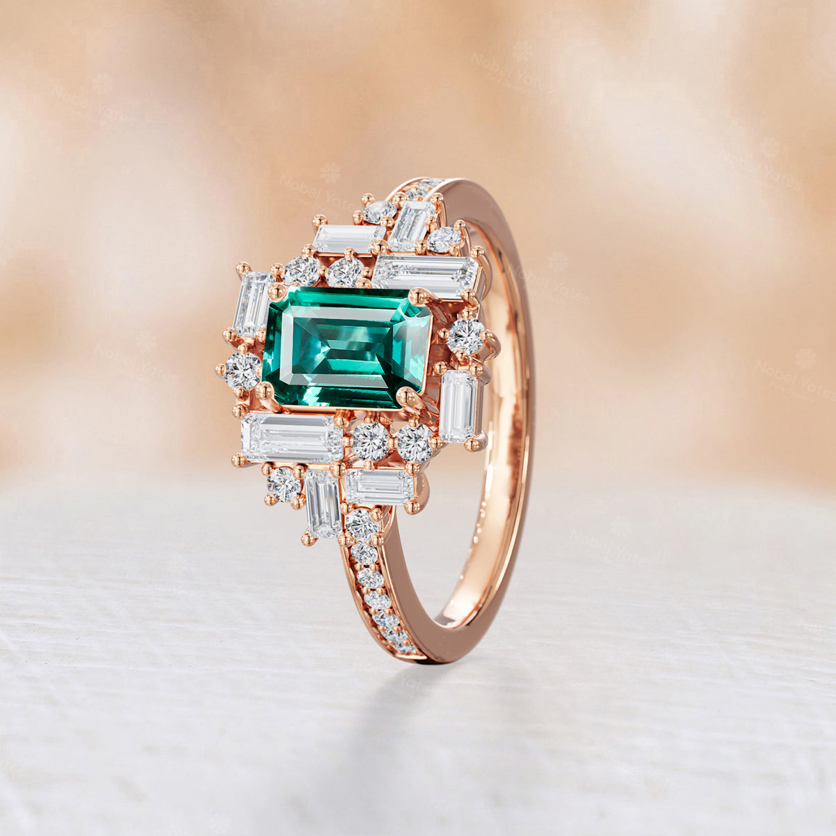 Baguette Art Deco Lab Emerald Engagement Ring Channel Band