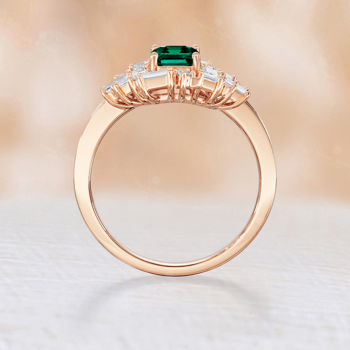 Baguette Art Deco Lab Emerald Engagement Ring Channel Band