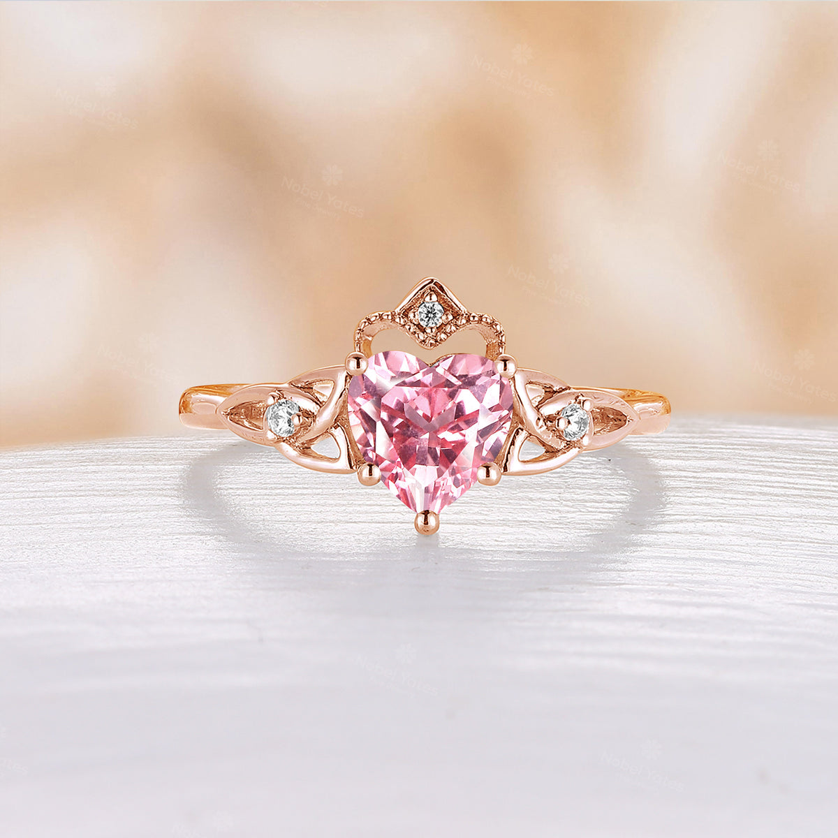 Heart Cut Lab Grown Padparadscha Celtic Engagement Ring Rose Gold