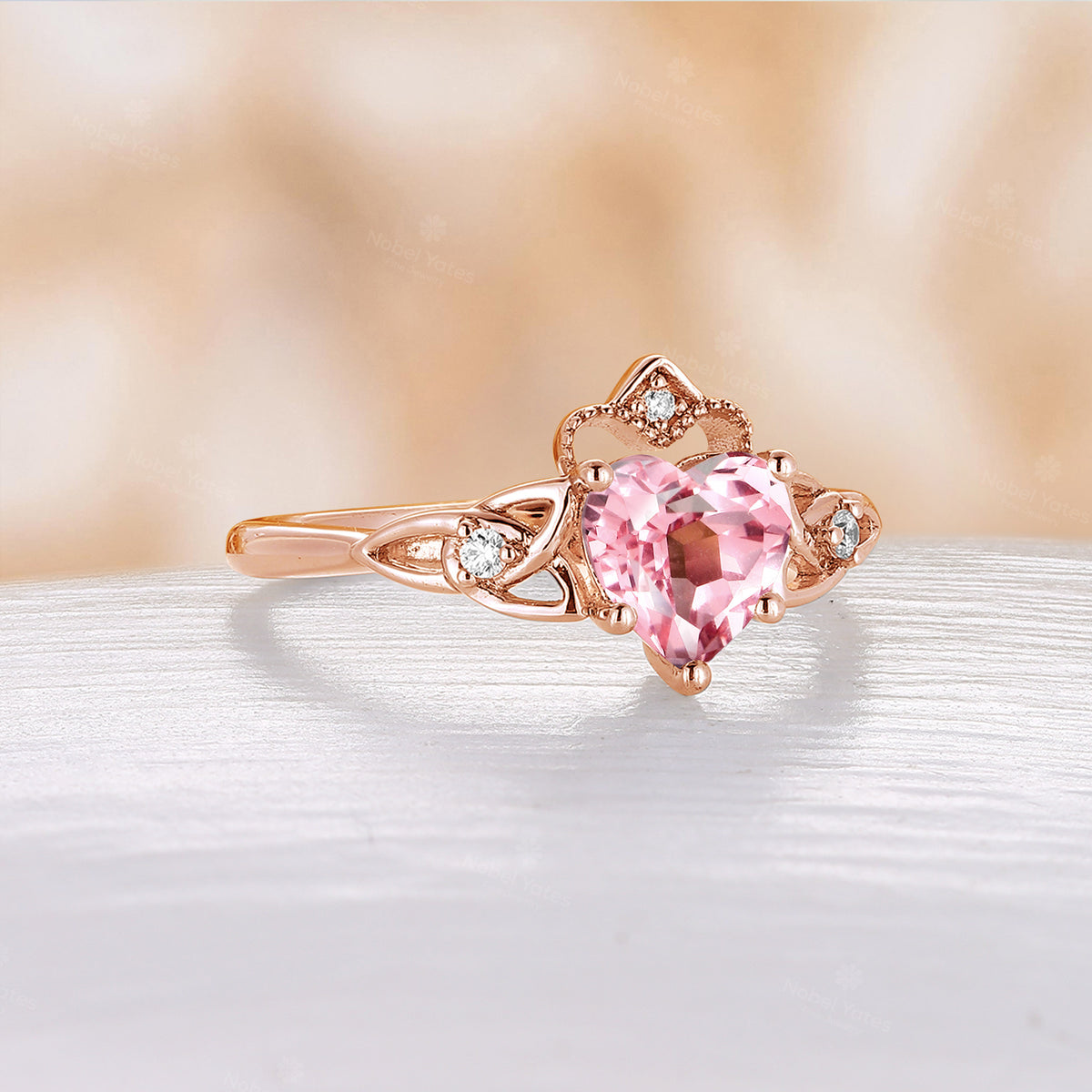 Heart Cut Lab Grown Padparadscha Celtic Engagement Ring Rose Gold