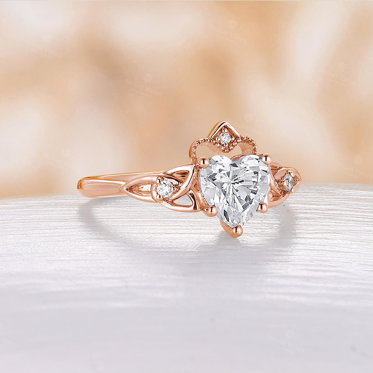 Heart Shape Moissanite Celtic Engagement Ring Milgrain Rose Gold