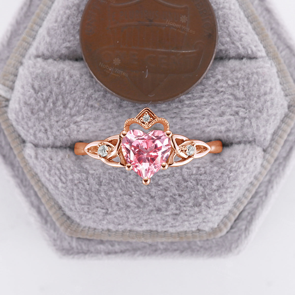 Heart Cut Lab Grown Padparadscha Celtic Engagement Ring Rose Gold