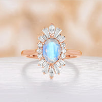 Oval Blue Moonstone Engagement Ring Art Deco Rose Gold Halo