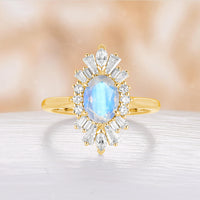 Oval Blue Moonstone Engagement Ring Art Deco Rose Gold Halo