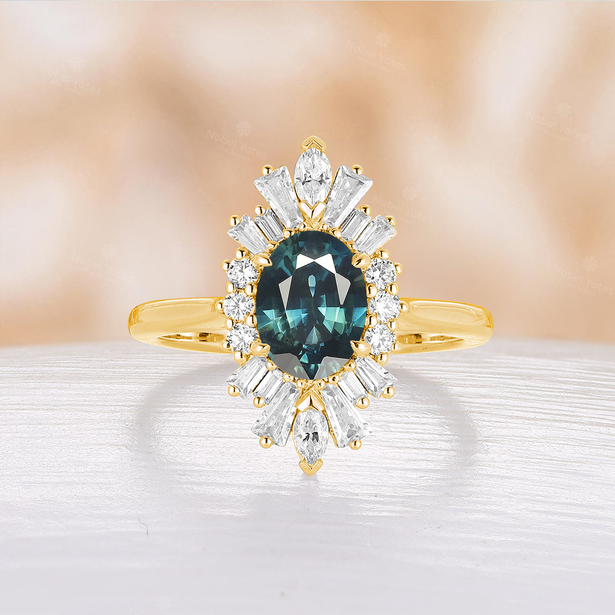Art Deco Oval Cut Teal Sapphire Engagement Halo Ring Rose Gold