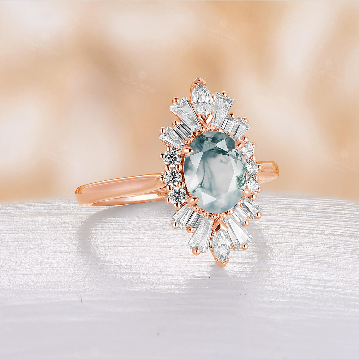 Art Deco Oval Cut Moss Agate Engagement Halo Ring Rose Gold