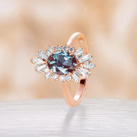 Lab Alexandrite Oval Shape Engagement Ring Art Deco Rose Gold Halo