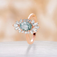 Art Deco Oval Cut Moss Agate Engagement Halo Ring Rose Gold