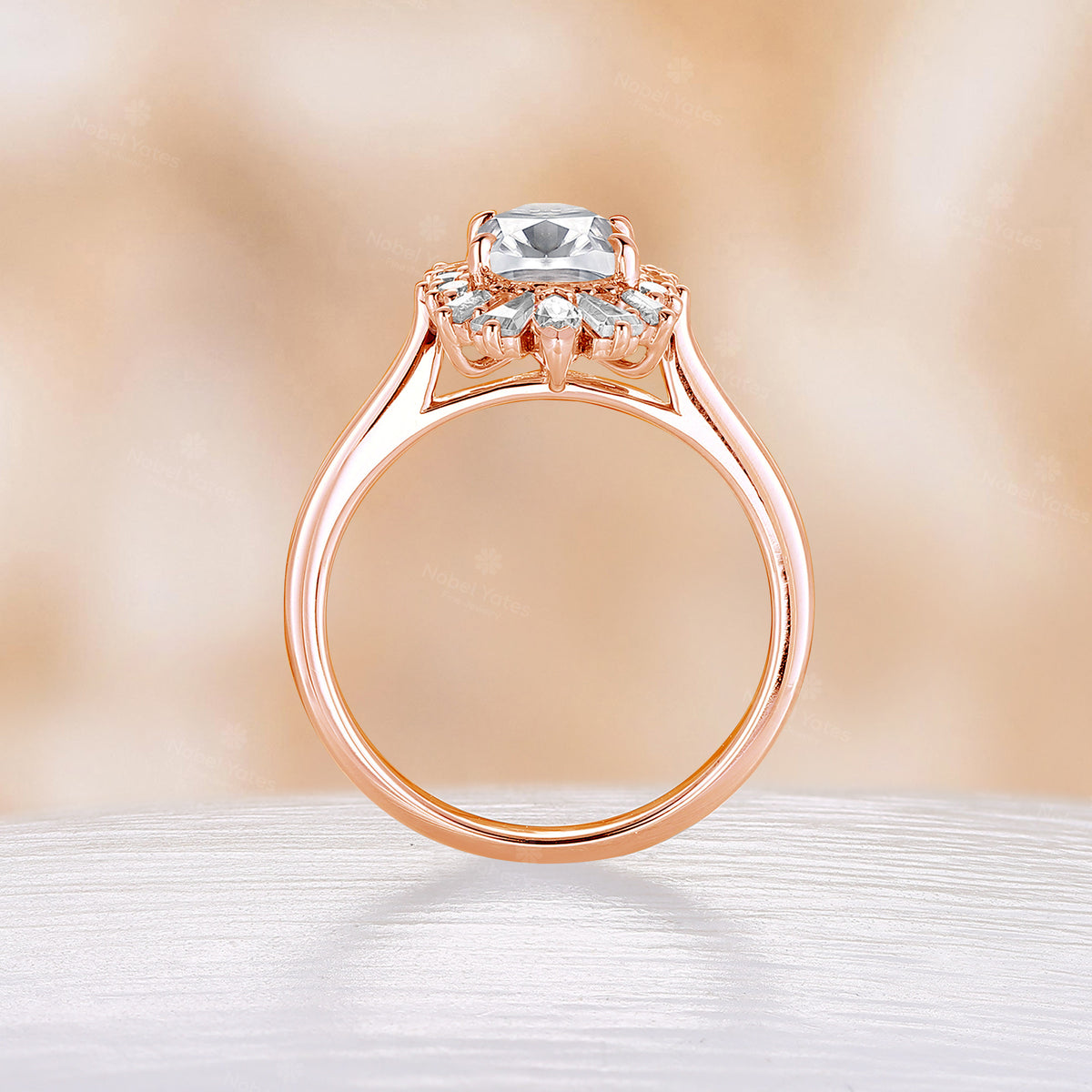 Oval Moissanite Engagement Ring Art Deco Rose Gold Halo