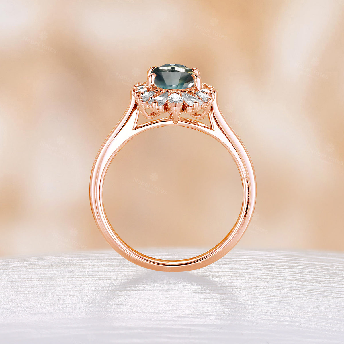 Art Deco Oval Cut Teal Sapphire Engagement Halo Ring Rose Gold