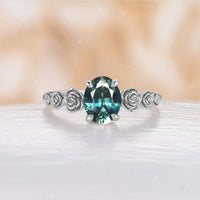 Oval Solitaire Teal Sapphire Engagement Ring Nature Inspired Rose Foral