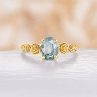 Solitaire Oval Moss Agate Engagement Ring Nature Inspired Rose Foral