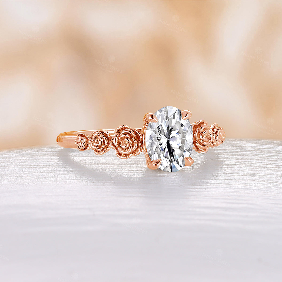 Rose Foral Oval Moissanite Engagement Ring Nature Inspired Rose Gold