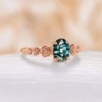 Oval Solitaire Teal Sapphire Engagement Ring Nature Inspired Rose Foral