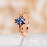 Rose Foral Oval Lab Alexandrite Engagement Ring Nature Inspired Solitaire