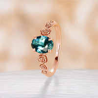 Oval Solitaire Teal Sapphire Engagement Ring Nature Inspired Rose Foral