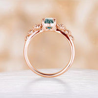 Solitaire Oval Moss Agate Engagement Ring Nature Inspired Rose Foral