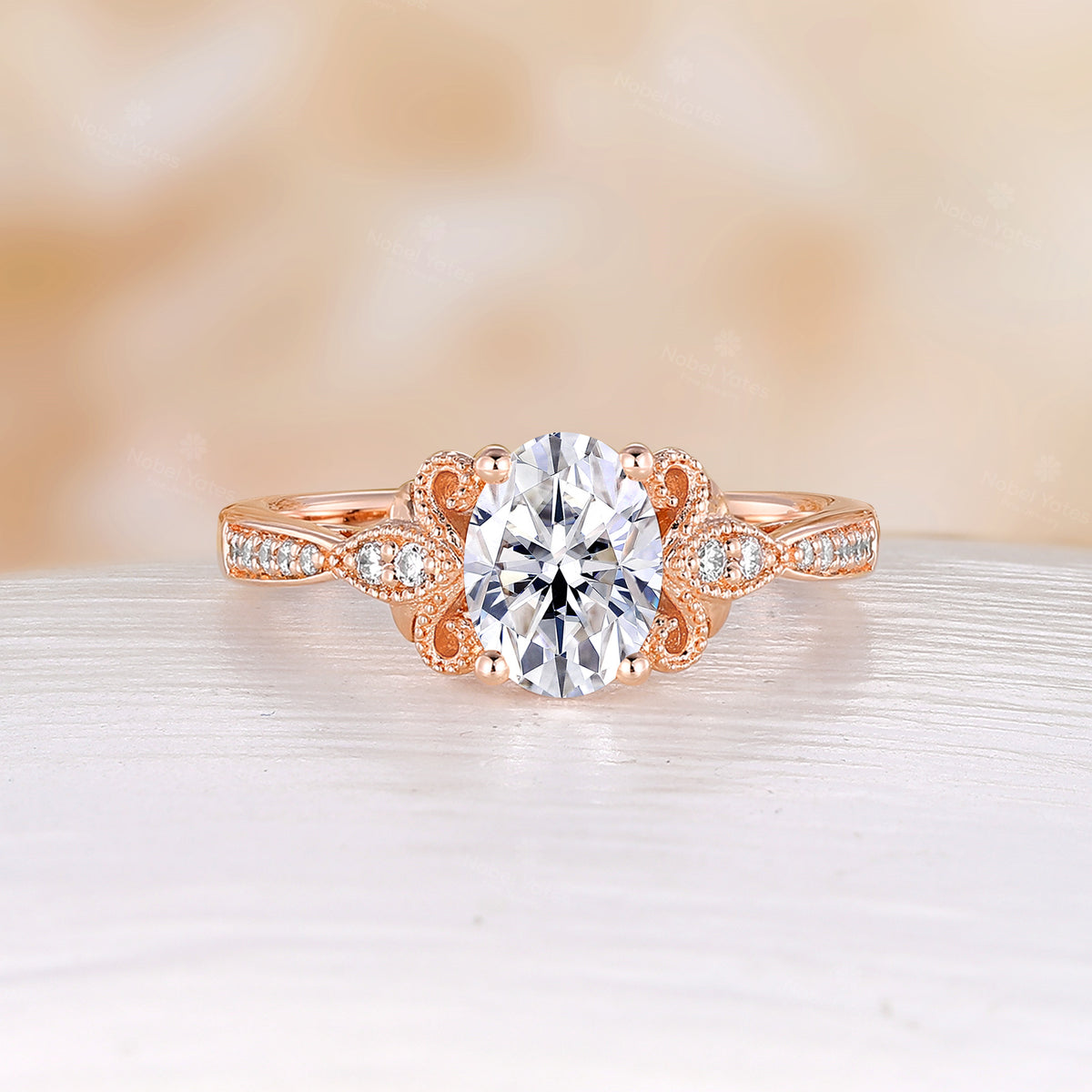 Antique Oval Moissanite Milgrain Engagement Ring Channel Set Rose Gold Band