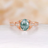 Vintage Oval Moss Agate Milgrain Engagement Ring Channerl Set Rose Gold Band