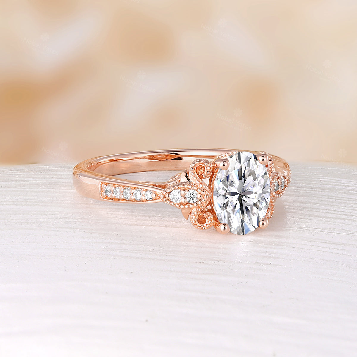 Antique Oval Moissanite Milgrain Engagement Ring Channel Set Rose Gold Band