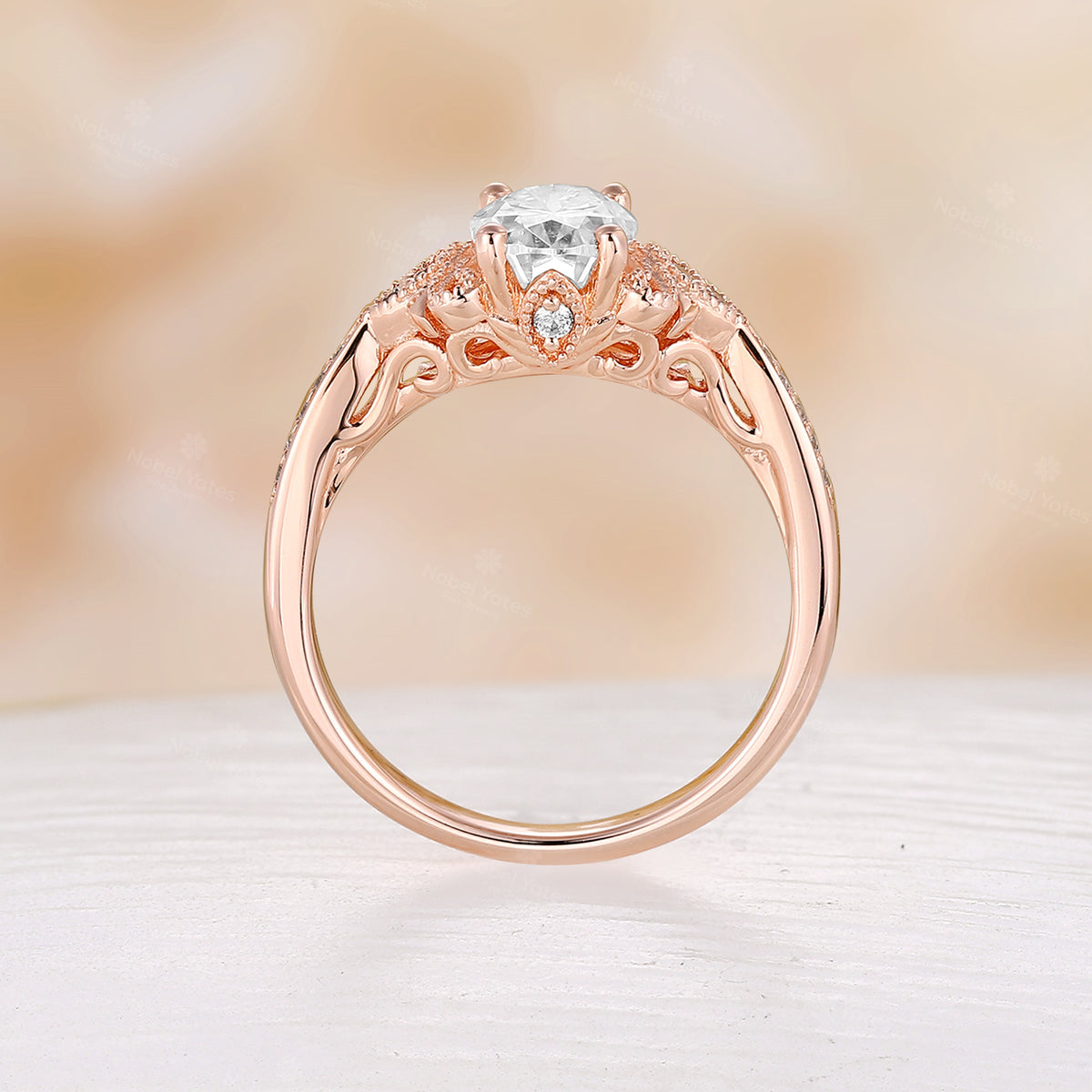 Antique Oval Moissanite Milgrain Engagement Ring Channel Set Rose Gold Band