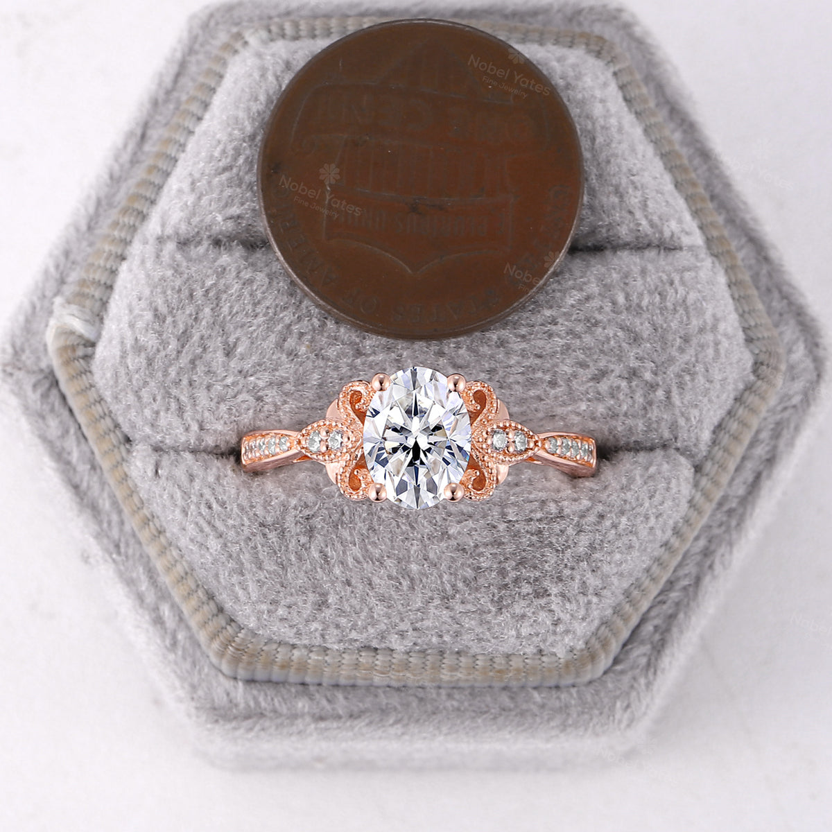 Antique Oval Moissanite Milgrain Engagement Ring Channel Set Rose Gold Band