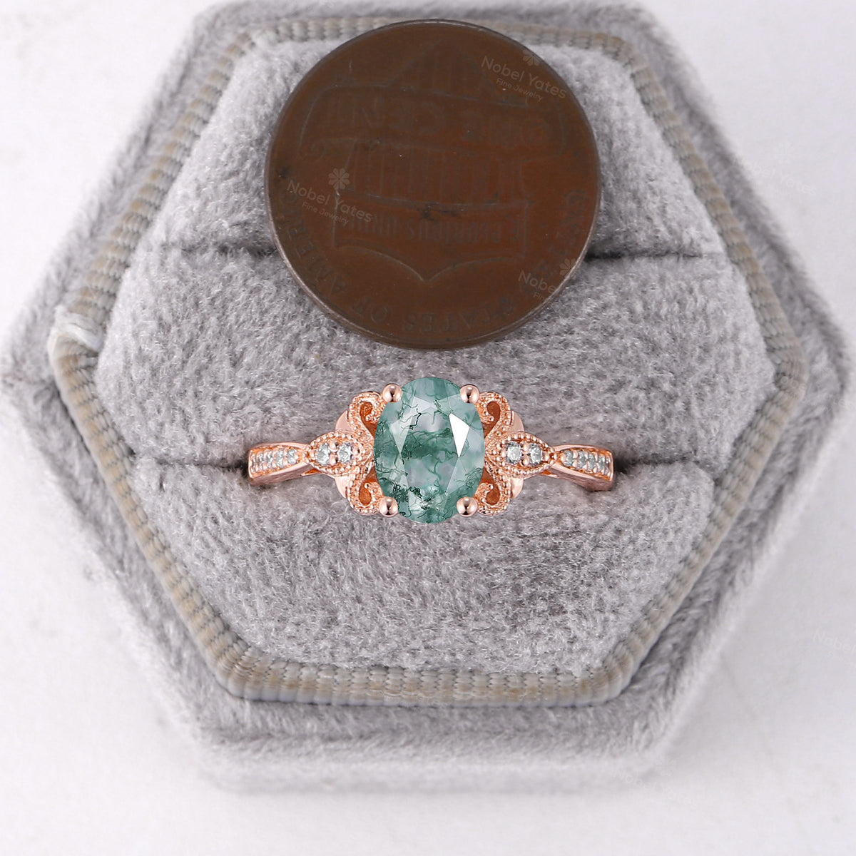 Vintage Oval Moss Agate Milgrain Engagement Ring Channerl Set Rose Gold Band