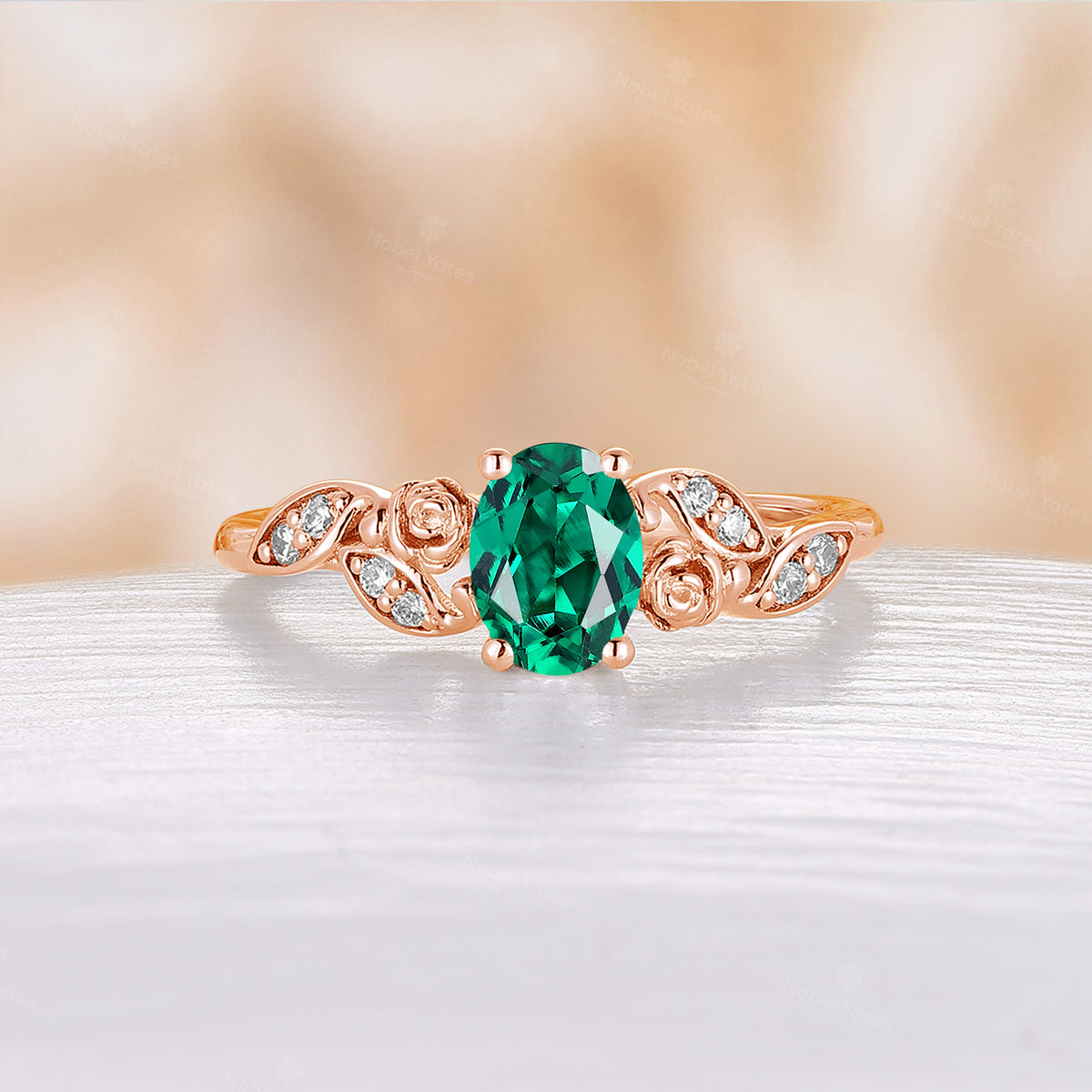 Lab Emerald Nature Inspired Oval Cut Engagement Ring Rose Gold