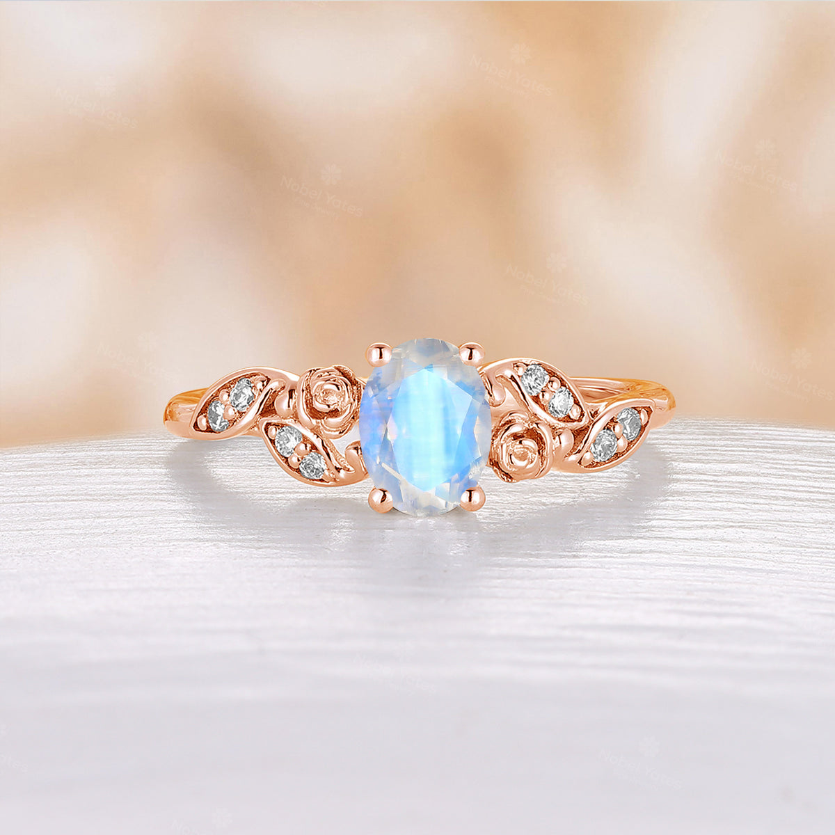 Oval Shape Blue Moonstone Engagement Ring Nature Inspired Rose Gold