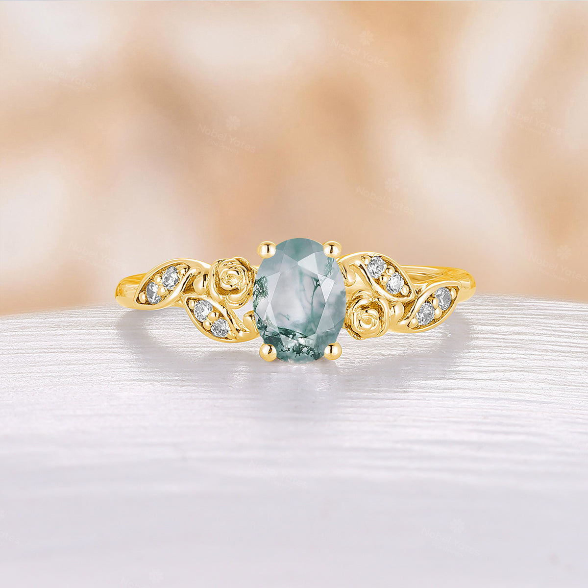 Yellow Gold Oval Moss Agate Nature Inspired Oval Engagement Ring