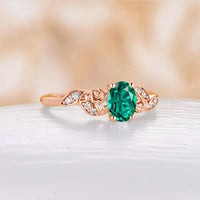 Lab Emerald Nature Inspired Oval Cut Engagement Ring Rose Gold