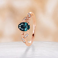 Rose Gold Foral Teal Sapphire Engagement Ring Nature Inspired Oval Cut