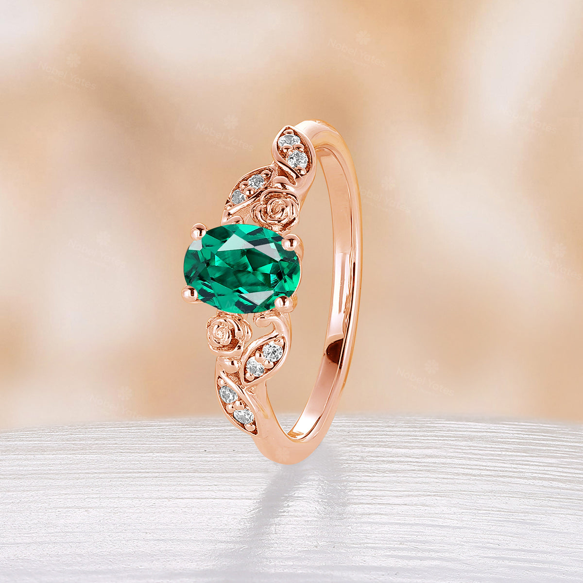 Lab Emerald Nature Inspired Oval Cut Engagement Ring Rose Gold