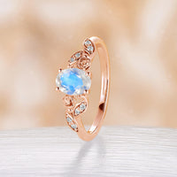 Oval Shape Blue Moonstone Engagement Ring Nature Inspired Rose Gold