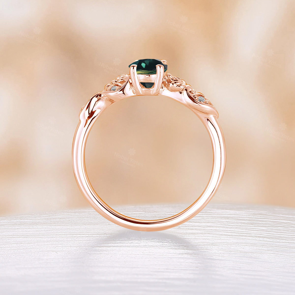 Rose Gold Foral Teal Sapphire Engagement Ring Nature Inspired Oval Cut