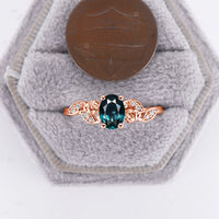 Rose Gold Foral Teal Sapphire Engagement Ring Nature Inspired Oval Cut