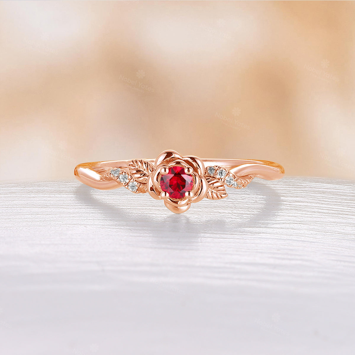 Foral Round Lab Ruby Engagement Ring Leaf Twist Band Rose Gold