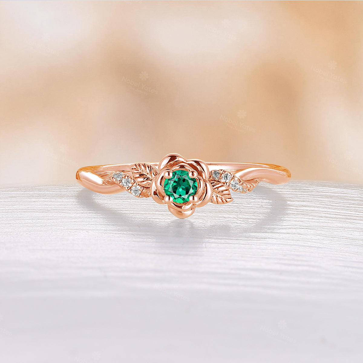 Round Moss Agate Nature Inspired Engagement Ring Leaf Twist Rose Gold