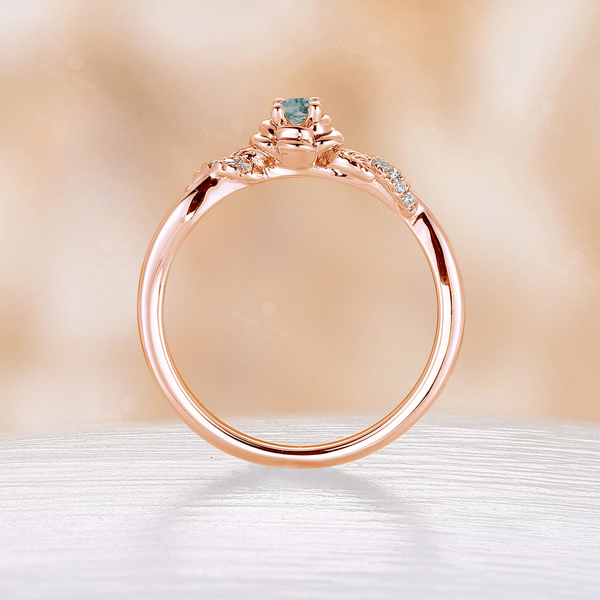 Round Moss Agate Nature Inspired Engagement Ring Leaf Twist Rose Gold
