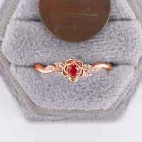 Foral Round Lab Ruby Engagement Ring Leaf Twist Band Rose Gold