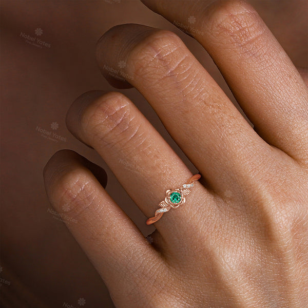 Lab Emerald Nature Inspired Rose Engagement Ring Leaf Twist Rose Gold