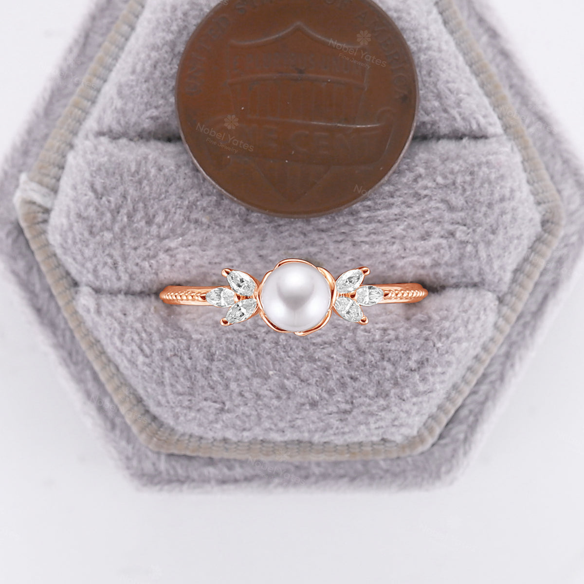Akoya Pearl Foral Engagement Ring Marquise Moissanite Side Stone Milgrian Band