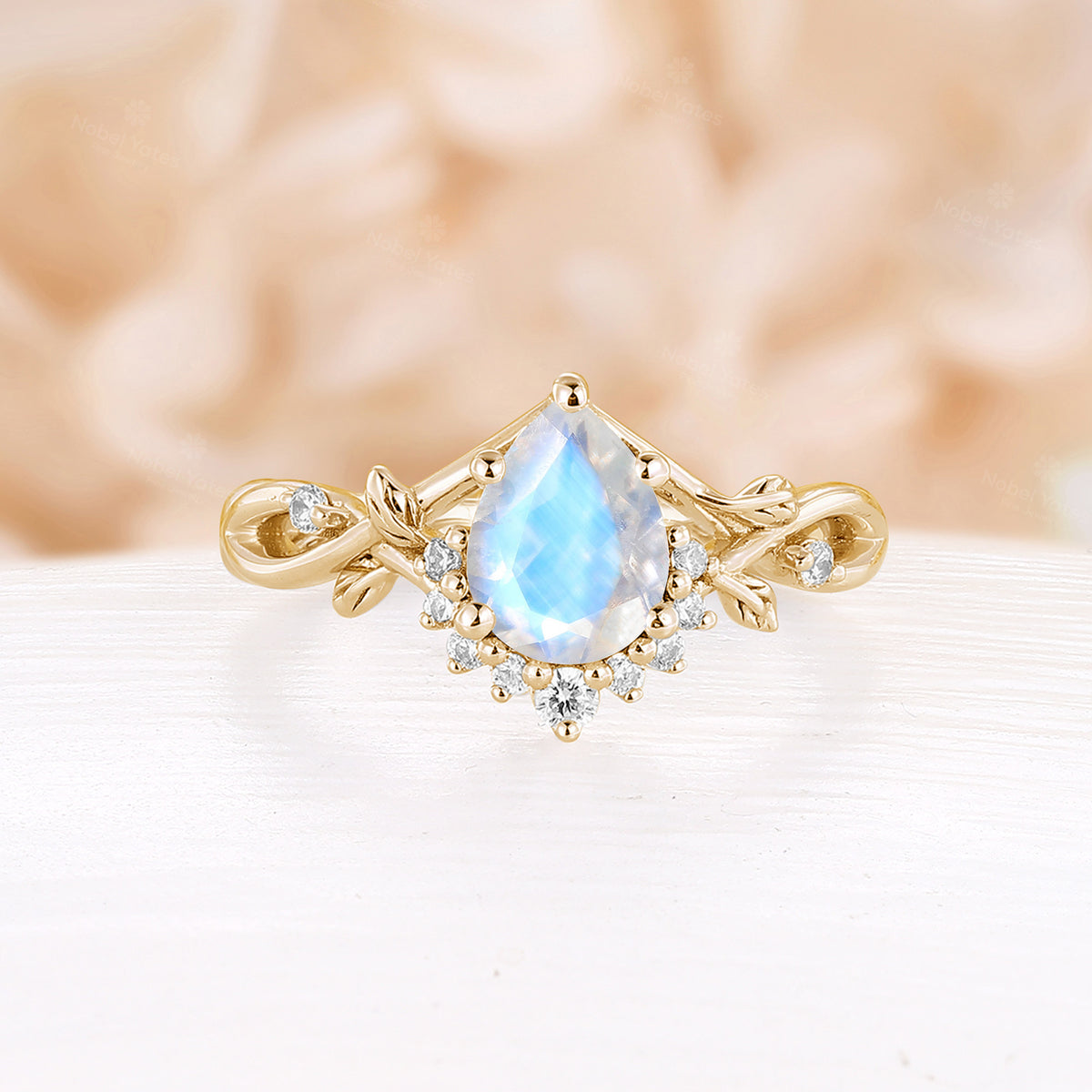 Nature Inspired Blue Moonstone Rose Gold Engagement Ring Twist Band