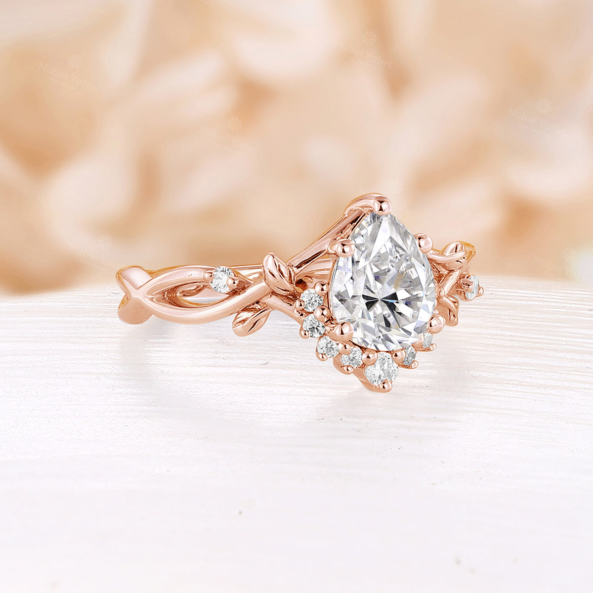 Pear Moissanite Nature Inspired Rose Gold Engagement Ring Twist Band