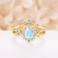 Nature Inspired Blue Moonstone Engagement Ring Set Leaf Design Rose Gold