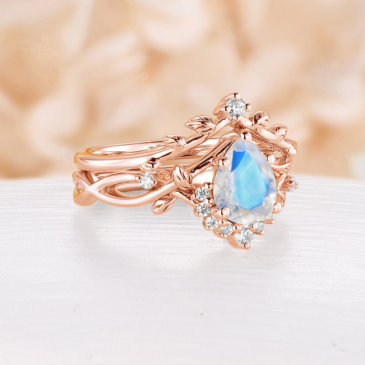 Nature Inspired Blue Moonstone Engagement Ring Set Leaf Design Rose Gold